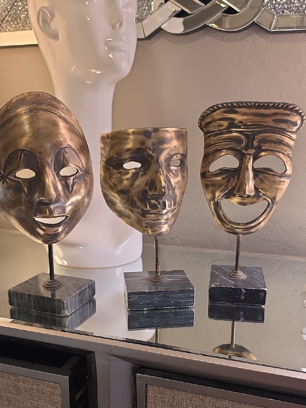 VINTAGE SOLID BRASS MASKS ON PEDESTALS,   (3) 6", 8", 9" Plus 4" Pedest.  GUC.